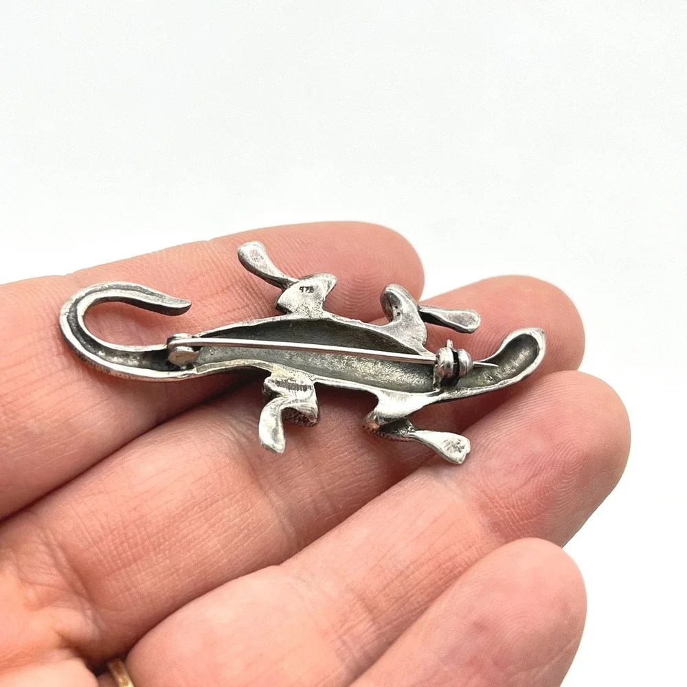 Vintage 925‎ Sterling Silver Marcasite Lizard Brooch Reptile Pin 2 Inch